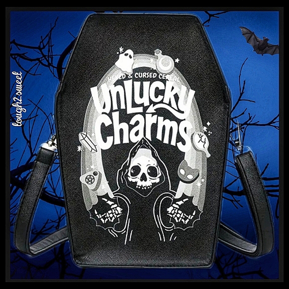 🆕️BLACK UNLUCKY CHARMS CEREAL GOTH VEGAN LEATHER COFFIN ZIPPERED CROSSBODY - Picture 13 of 16